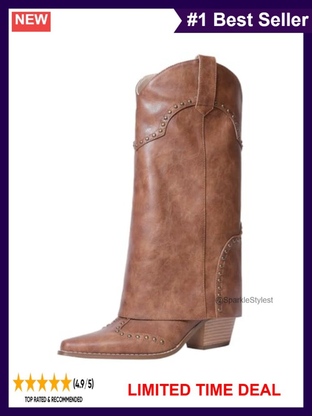 Faux Leather Knee High Cowboy Boots Women Fold Over Western Boots